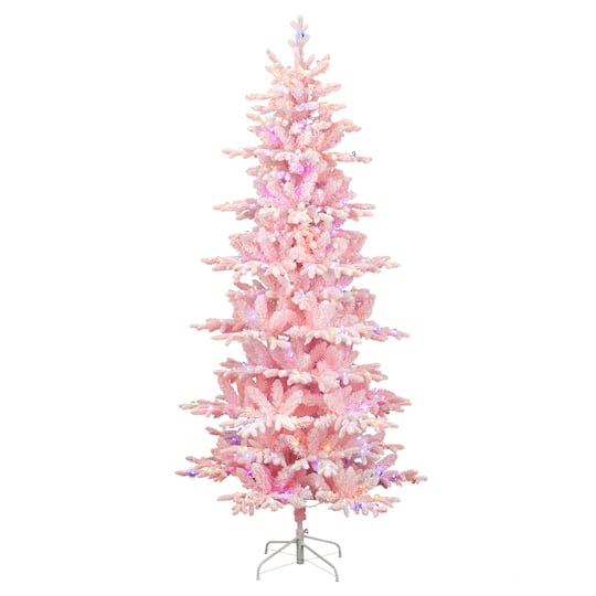 Glitzhome 8ft Pre-Lit Pink Flocked Slim Fir 7 1/2 Foot Pre-Lit Multi-Function Lights Fir Christmas Tree, One Size, Pink